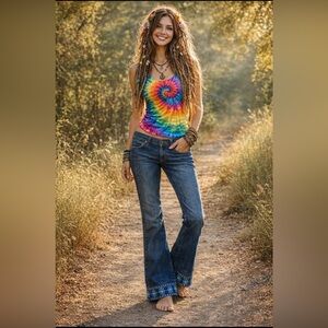 Vintage 60’s Woman’s Wrangler High Waisted Dark Wash Hippy Jeans Floral Trim 30”